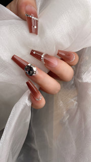 Gentle Wine Red Reusable Rhinestones Long Wearable Nails