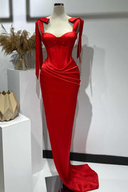 Red Straps Pleated Satin Long Prom Formal Dress with Slit