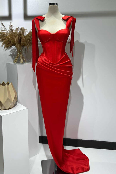 Red Straps Pleated Satin Long Prom Formal Dress with Slit