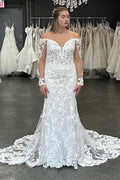White Off Shoulder Illusion Sleeves Mermaid Lace Wedding Dress