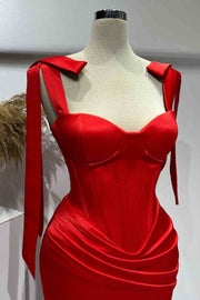 Red Straps Pleated Satin Long Prom Formal Dress with Slit