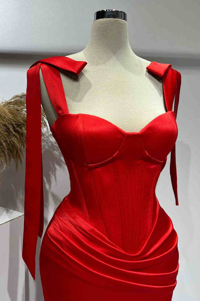 Red Straps Pleated Satin Long Prom Formal Dress with Slit