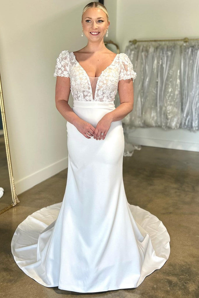White Floral Lace Plunge V Long Wedding Dress with Short Sleeves - Princessly White Floral Lace Plunge V Long Wedding Dress with Short Sleeves - Princessly