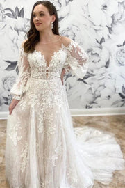 White Appliques Round Neck Long Sleeve A-Line Wedding Dress