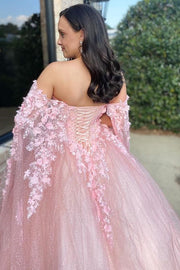 Pink Floral Lace Off-the-Shoulder Ball Gown with Cape Sleeves