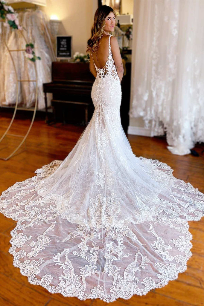 backless trumpet dress Ombreprom Wedding Dress V Neck Sheath Floor Length Lace Appliques V Back Beach Bridal Gown