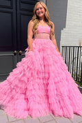 Pink Strapless Sequin Tulle A-Line Floor Length Sweep Prom Gown