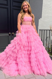 Pink Strapless Tulle Sequin A-Line Prom Gown