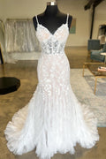 Spaghetti Strap V Neck Ruffles Lace Tulle Trumpet Long Wedding Dress