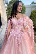 Pink Floral Lace Off Shoulder Cape Sleeves Ball Gown Quinceanera Dress
