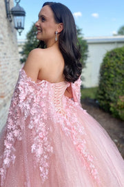 Pink Floral Lace Off-the-Shoulder Ball Gown with Cape Sleeves
