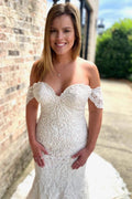 Off Shoulder White Lace Embroidered Sweetheart Mermaid Wedding Dress