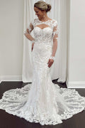 White Lace Cutout Bateau Sheer Long Sleeves Trumpet Bridal Gown