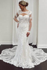 White Lace Cutout Long Sleeves Trumpet Bridal Gown