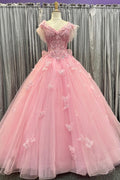 Pink Tulle 3D Floral Lace Flutter Sleeves Ball Gown Quinceanera Dress, Bow-Back