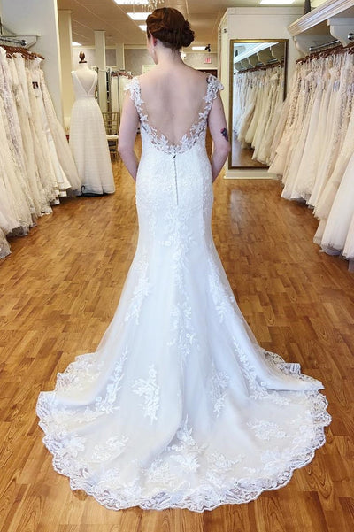 White Lace Portrait Backless Mermaid Wedding Dress