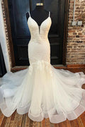 White Tulle Plunging Sleeveless Floral Lace Trumpet Long Wedding Dress