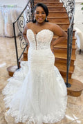 White Lace Tulle Strapless Trumpet Long Court Wedding Dress