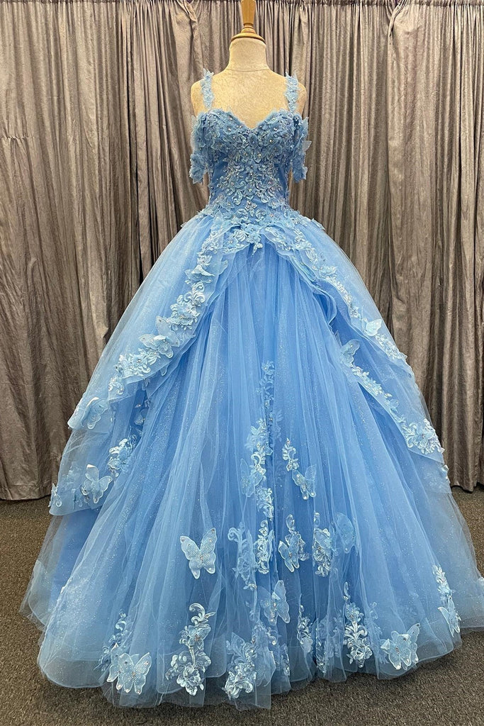 Blue Lace Tulle Sweetheart Overlay Ball Gown Quinceanera Dress - Princessly Blue Lace Tulle Sweetheart Overlay Ball Gown Quinceanera Dress - Princessly