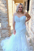 White Lace Tulle Strapless Trumpet Long Court Wedding Dress