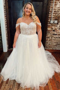 White Floral Lace Tulle Off Shoulder Sweetheart A-Line Wedding Dress