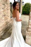 White Satin Strapless Bow Back Mermaid Long Wedding Dress
