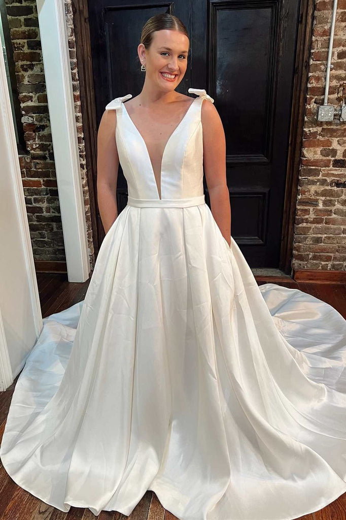 white satin plunge dress A-line White Satin Plunge V Long Court Wedding Dress, Bows