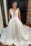A-line White Satin Plunge V Long Court Wedding Dress, Bows