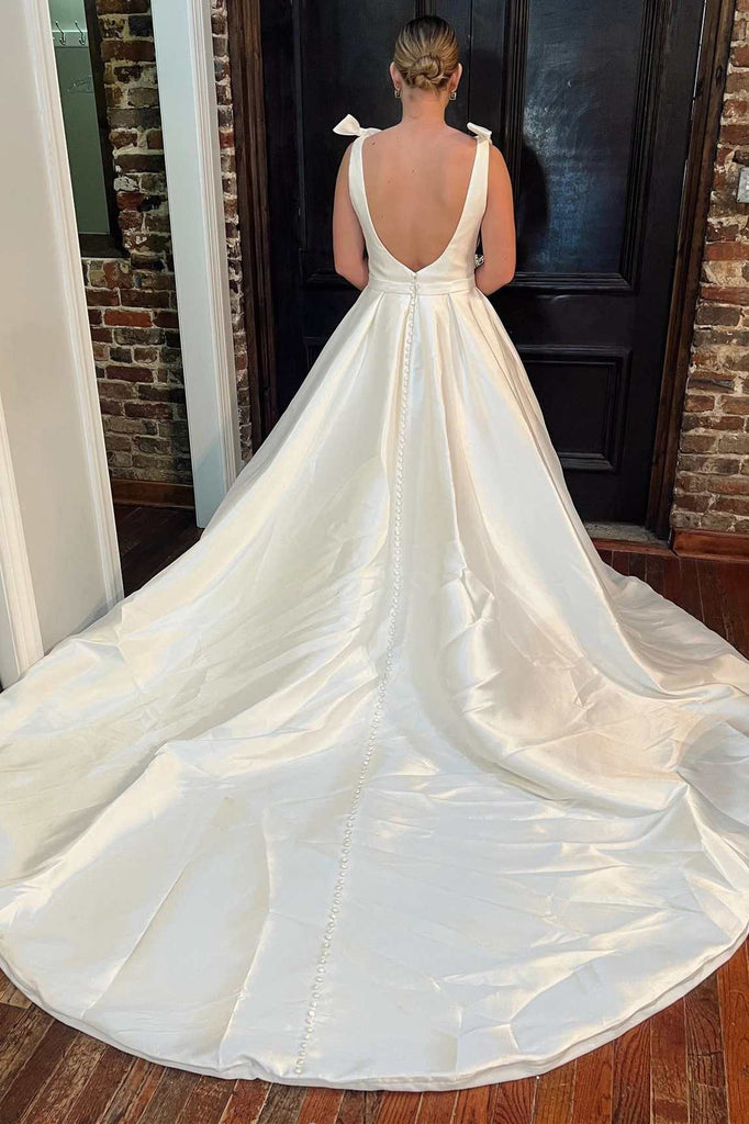 white satin plunge dress A-line White Satin Plunge V Long Court Wedding Dress, Bows