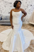 White Satin Strapless Trumpet Long Court Wedding Dress