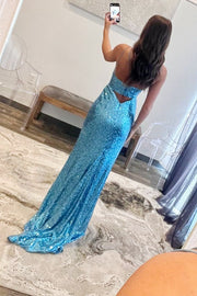 Blue Sequin Keyhole Straps Mermaid Long Prom Dress with Slit