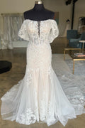 Ivory Lace Tulle Off Shoulder Trumpet Long Chapel Wedding Dress