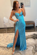 Blue Sequin Keyhole Straps Mermaid Sweep Long Prom Dress, Slit