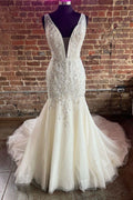 Mermaid White Tulle Lace Plunge V Long Sweep Wedding Dress