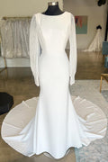 White Bateau Open Back Long Sleeves Court Wedding Dress, Buttons