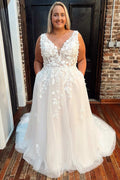 White Floral Lace V-Neck A-Line Long Sweep Wedding Dress, Pockets