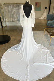 White Open Back Long Wedding Dress with Long Sleeves