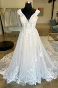 White Tulle Lace Plunge V Sleeveless Backless Long Bridal Gown