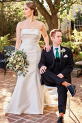 White Satin Strapless Trumpet Long Sweep Wedding Dress, Bow
