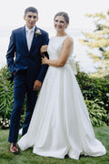 A-line White Satin Bateau Sleeveless Beaded Wedding Dress, Bow