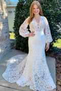White Lace Long Sleeve Open Back Mermaid Wedding Dress