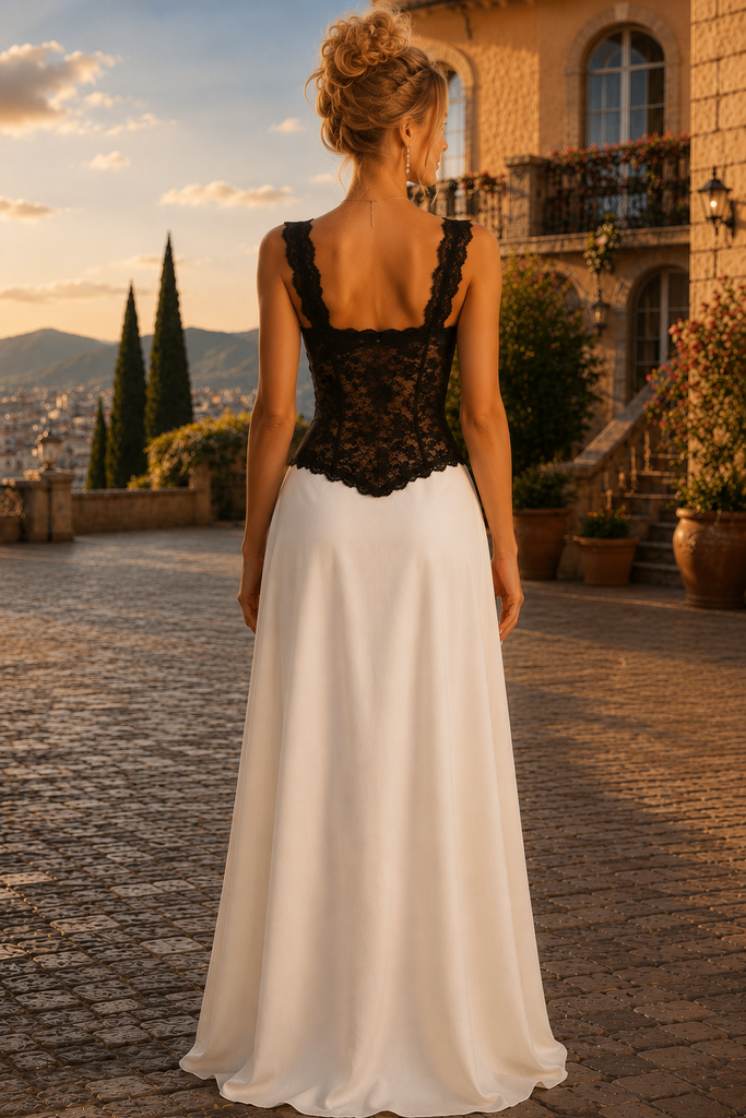 A-Line Straps Sweetheart Top Lace Ivory Satin Prom Summer Dress