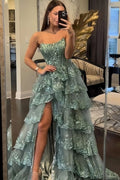 Strapless A-Line Sequins Lace Tiered Ruffles Long  Prom Dress, Slit