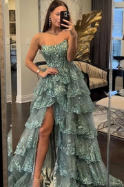 Red Strapless A-Line Sequins Appliques Ruffles Prom Dress Long with Slit