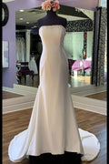 White Satin Beaded Strapless Mermaid Long Sweep Bridal Gown