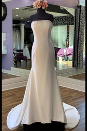 White Beaded Strapless Mermaid Long Gown