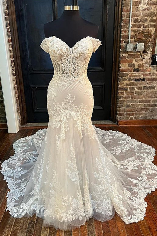 Beige Lace Off Shoulder Scalloped Trumpet Long Wedding Dress