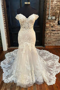 Beige Lace Off Shoulder Scalloped Trumpet Long Wedding Dress
