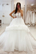 White Tulle Strapless A-Line Tiered Ruffles Long Wedding Dress