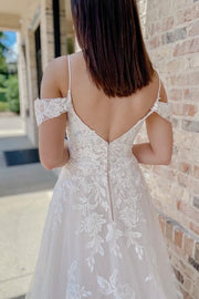 Cold-Shoulder White Lace A-Line Long Wedding Dress